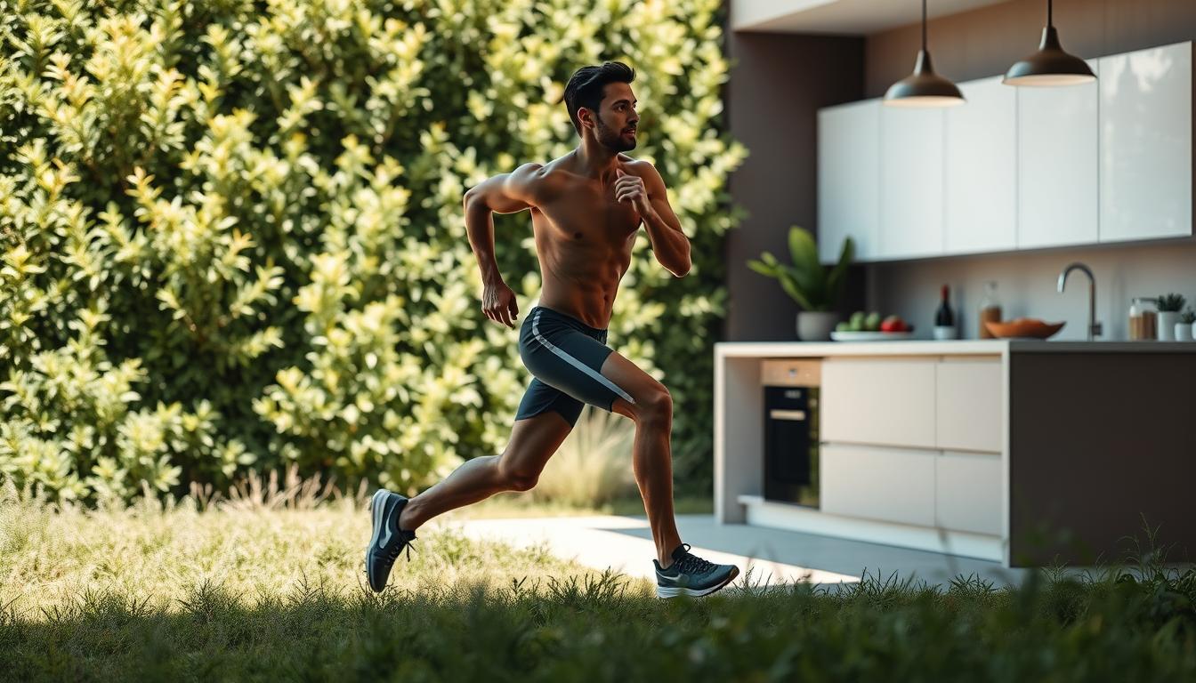 A sleek, athletic figure moves swiftly through a vibrant, verdant landscape. Shadows dance across toned muscles as the person sprints, their expression determined. In the background, a modern, minimalist kitchen comes into focus, fresh keto-friendly ingredients laid out on the pristine countertops. The overall scene conveys a sense of rapid, sustainable transformation - a visual representation of the "Rapid Weight Loss and Short-Term Benefits" of a keto lifestyle.