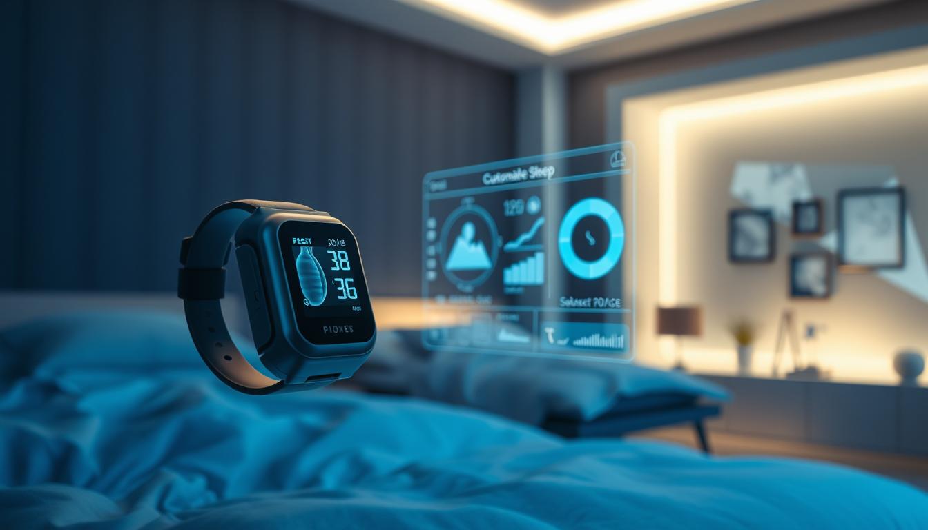 A sleek, futuristic sleep apnea device floats in a dimly lit, high-tech environment. In the foreground, a cutting-edge wearable sensor meticulously monitors the user's breathing patterns and vital signs, its vibrant display providing real-time feedback. In the middle ground, a holographic interface projects customizable sleep data, offering personalized insights and recommendations. The background showcases a vision of the future, with seamlessly integrated smart home technology and a soothing, ambient lighting scheme that creates a tranquil, restorative atmosphere for the user. The overall scene conveys a sense of advanced, personalized sleep apnea management, blending state-of-the-art hardware, intelligent software, and a serene, futuristic setting.