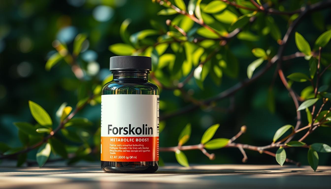 A sleek, high-quality metabolic boost supplement bottle sits prominently in the foreground, its label showcasing the key ingredient "Forskolin" in bold typography. The bottle is illuminated by warm, natural lighting, casting subtle shadows and highlights that accentuate its elegant, minimalist design. In the middle ground, a backdrop of lush, verdant leaves and branches creates a vibrant, organic atmosphere, hinting at the natural origins of the supplement. The overall scene conveys a sense of vitality, efficiency, and a focus on holistic well-being, perfectly aligning with the article's subject of Forskolin's role in enhancing metabolic functions.