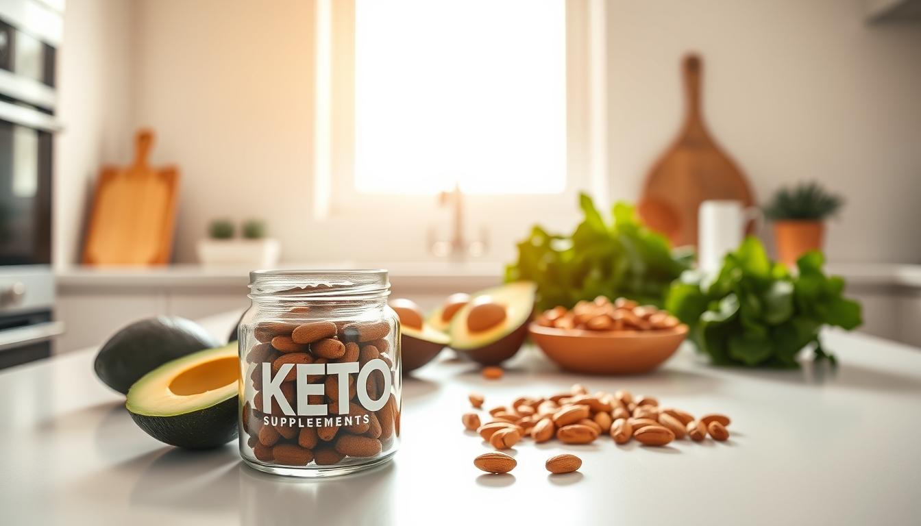 A sleek, minimalist kitchen counter with a variety of keto-friendly ingredients artfully arranged. In the foreground, a small glass jar filled with keto supplements rests atop a crisp white surface. In the middle ground, fresh avocados, leafy greens, and a handful of nuts create a vibrant, natural display. The background features a clean, bright window, allowing warm, natural lighting to bathe the scene in a vibrant, inviting glow. The overall atmosphere is one of simplicity, health, and a dedication to the keto lifestyle.