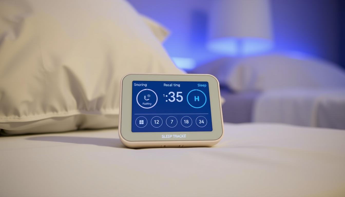 A sleek, minimalist sleep tracker device rests on a bedside table, its display showing real-time data on snoring patterns and sleep quality. The device features a discreet microphone and sensors that capture audio and movement, with a clean, intuitive interface. Soft, diffused lighting emanates from behind the tracker, creating a calming, vibrant ambiance in the bedroom. The scene is captured from a slightly elevated angle, showcasing the tracker's elegant design and seamless integration into the bedroom's serene, modern decor.