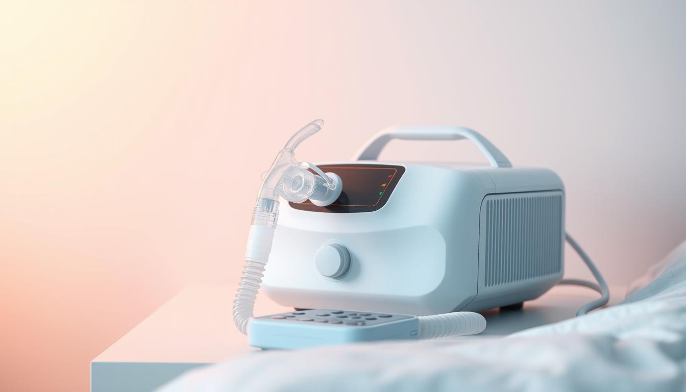 A sleek, modern CPAP machine rests on a nightstand against a soothing, vibrant backdrop. The device's smooth, minimalist design features a clear mask and tubing, conveying a sense of efficient medical technology. Soft, diffused lighting illuminates the scene, creating a calming, clinical atmosphere. The machine's controls are accessible, showcasing its user-friendly interface. In the foreground, the device's purpose is evident, hinting at its role in addressing the critical issue of sleep apnea. This image captures the intersection of medical innovation and personal well-being, perfectly suited to illustrate the "Medical Solutions for Sleep Apnea" section of the article.