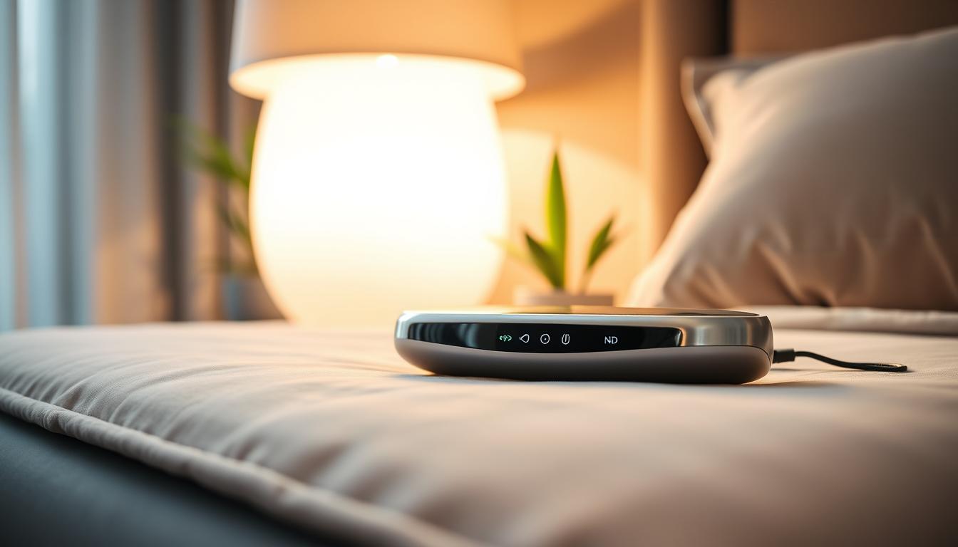 A sleek, modern anti-snore device rests on a luxurious, velvet-lined nightstand. The device, crafted from polished chrome and brushed aluminum, features gentle LED indicator lights and tactile control buttons. Soft, diffused lighting from a minimalist lamp creates a warm, inviting ambiance, while a hint of greenery in the background suggests a tranquil, spa-like setting. The entire scene is captured with a shallow depth of field, emphasizing the vibrant, high-end aesthetic of this premium sleep solution.