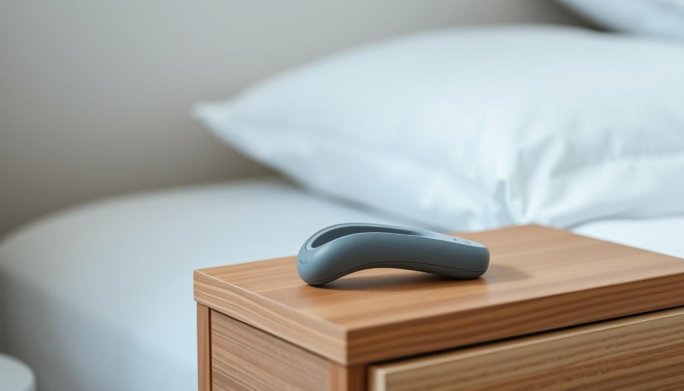 A sleek, modern anti-snore device rests on a minimalist, wooden nightstand. The device, crafted with precision, features a clean, ergonomic design in a vibrant, muted color palette. Soft, directional lighting illuminates the product, accentuating its contours and highlighting its high-quality materials. The background is a serene, neutral-toned bedroom setting, creating a calming, sophisticated atmosphere. The image conveys the device's effectiveness and expert-recommended status, positioning it as a discreet, yet powerful solution for a good night's sleep.