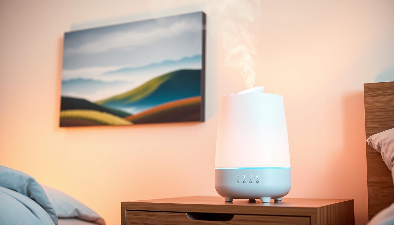 A sleek, modern humidifier stands atop a minimalist wooden nightstand, its soft white shell reflecting the warm lighting of the bedroom. Mist gently billows forth, creating a soothing, misty atmosphere. The humidifier's control panel glows with subtle LED indicators, showcasing its smart, intuitive design. In the background, a calming landscape painting hangs on the wall, complementing the vibrant, tranquil scene. The entire setup radiates a sense of comfort and relaxation, perfectly suited to alleviate the effects of snoring and promote a restful, rejuvenating night's sleep.