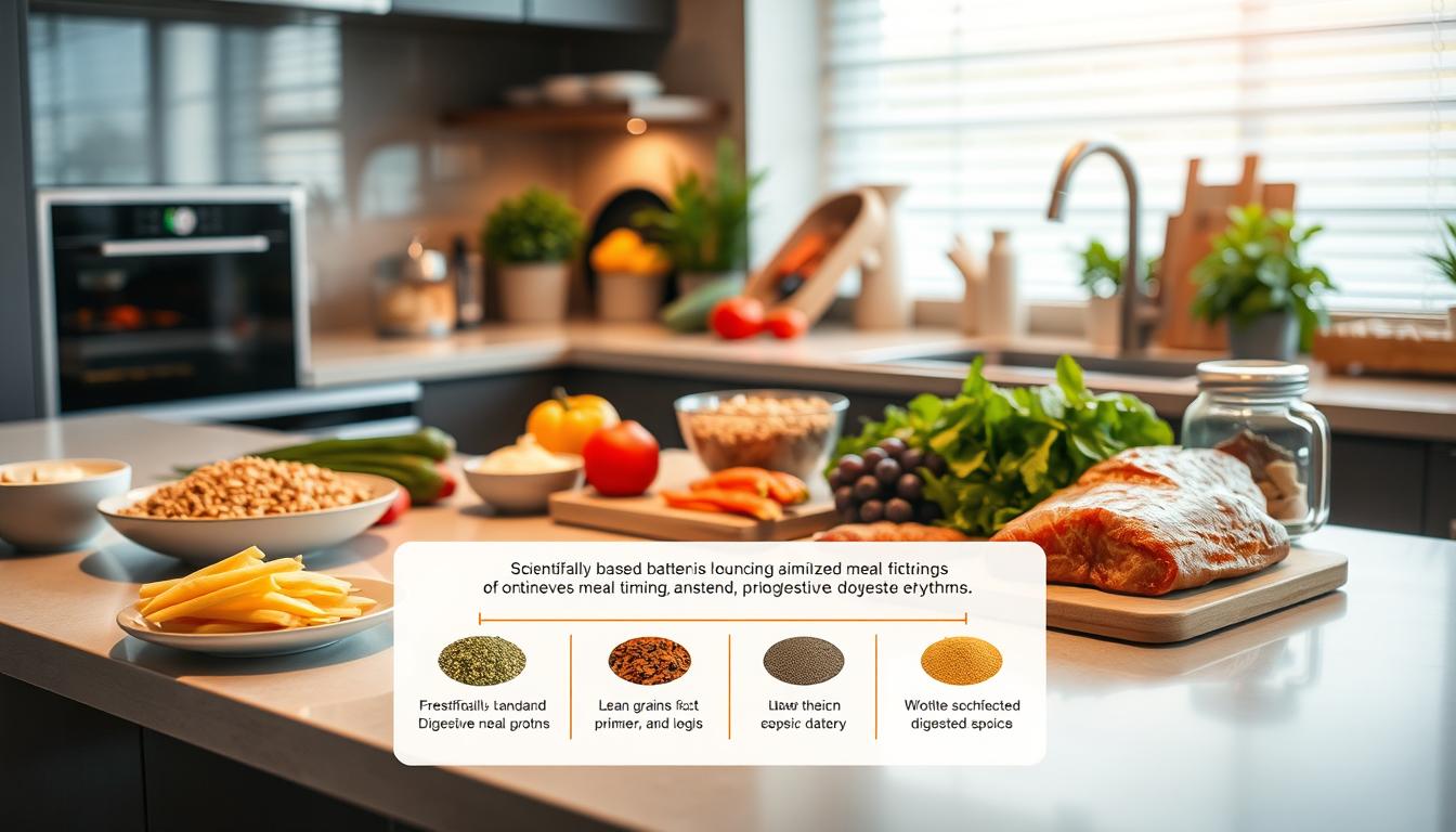 A sleek, modern kitchen counter with an array of healthy meal components thoughtfully arranged - fresh produce, whole grains, lean proteins, and digestive aids like herbs and spices. Warm, diffused lighting casts a cozy glow, highlighting the vibrant colors and textures. In the foreground, a stylized diagram illustrates the scientifically-backed principles of optimized meal timing and digestive efficiency, conveyed through simple yet impactful visual metaphors. The overall scene exudes a sense of balance, wellness, and a deep understanding of the human body's natural rhythms.