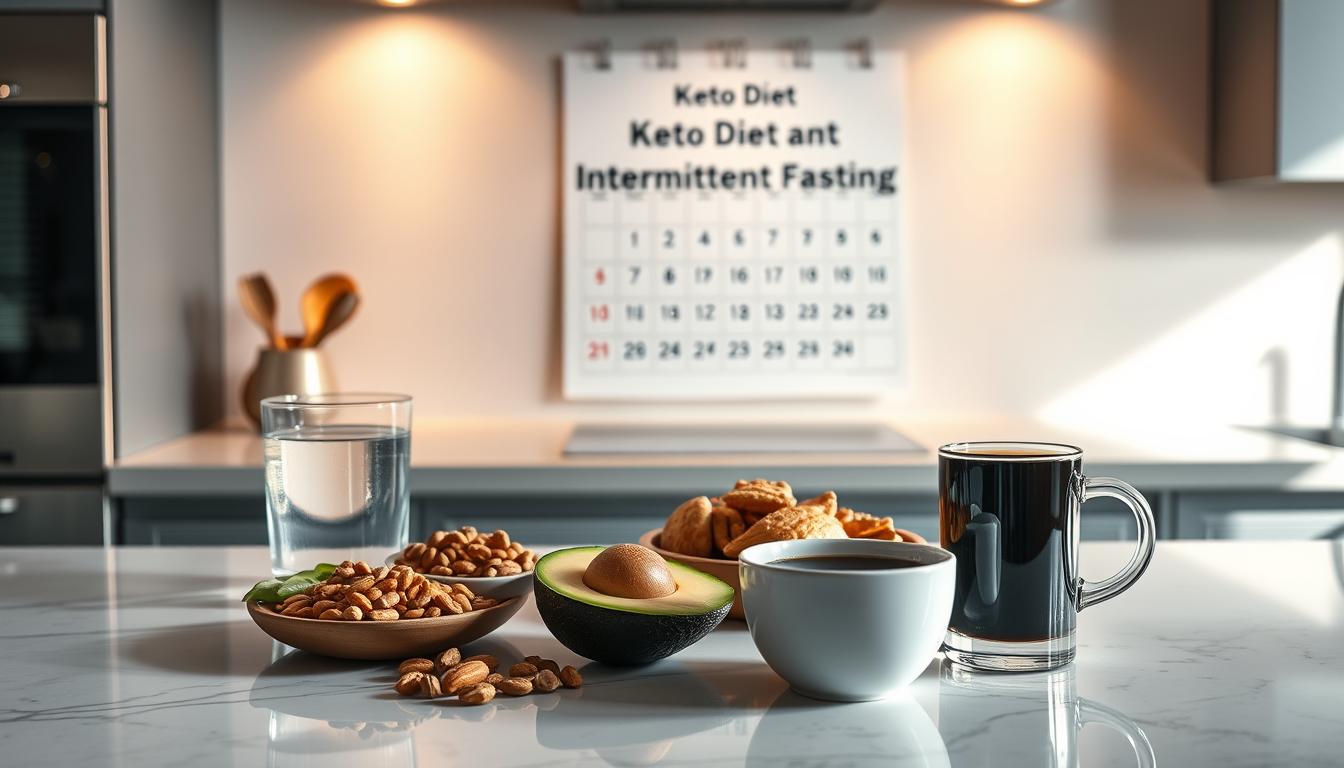 A sleek, modern kitchen countertop with a variety of keto-friendly snacks and beverages, including nuts, avocado, a glass of water, and a cup of black coffee. In the background, a minimalist wall calendar prominently displays "Intermittent Fasting" and "Keto Diet" to emphasize the theme. The scene is bathed in a vibrant, warm lighting, creating a sense of health and wellness. The overall composition conveys the safety considerations and benefits of combining these two complementary dietary approaches.