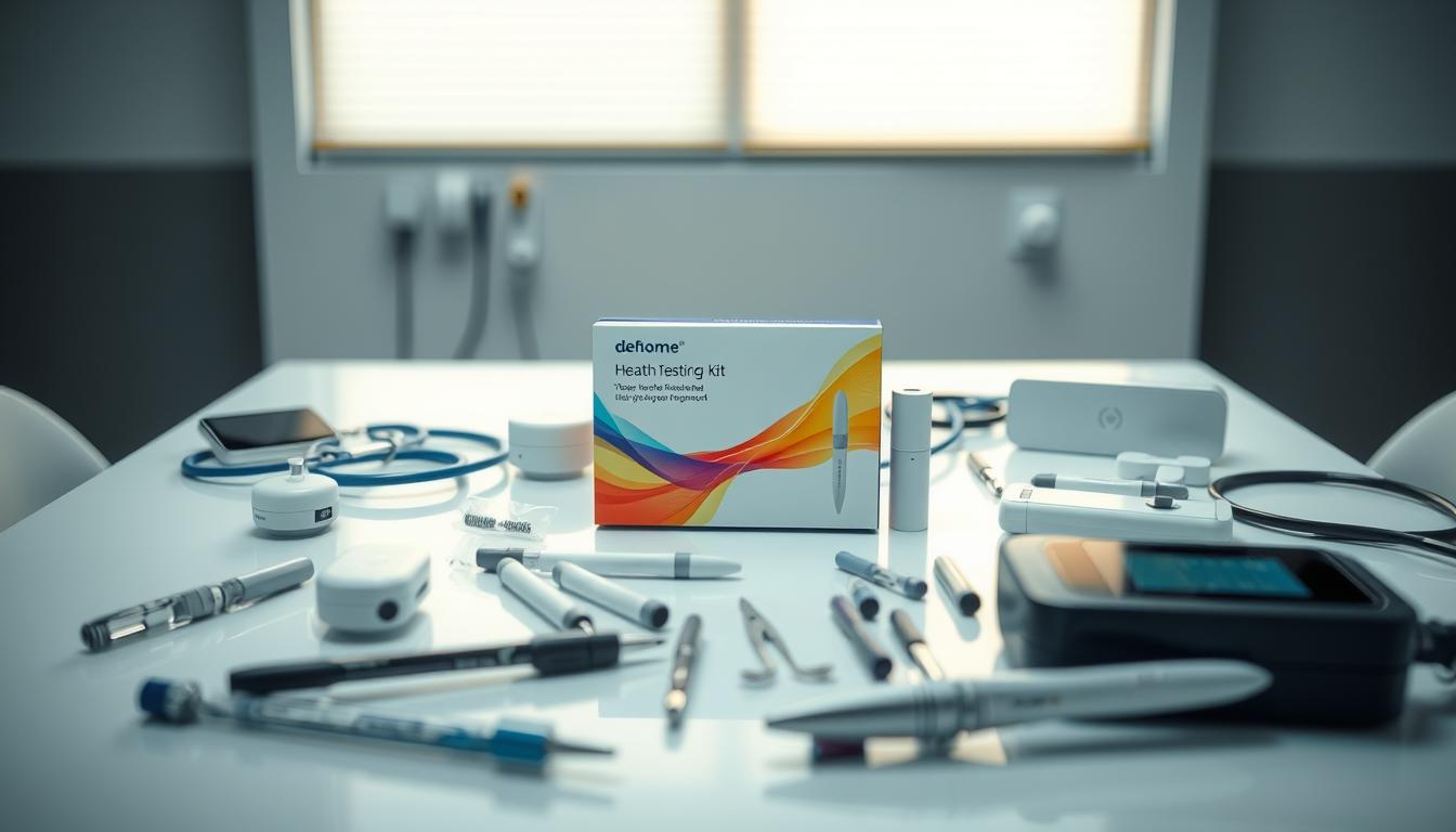 A sleek, modern-looking at-home health testing kit sits atop a clean, minimalist table, surrounded by an array of medical instruments and devices. The kit's packaging features a vibrant, eye-catching design that emphasizes its convenience and ease of use. The overall scene is well-lit, with soft, directional lighting that casts subtle shadows and highlights the streamlined, high-tech aesthetic. The background is blurred, drawing the viewer's focus to the centrally positioned testing kit, conveying a sense of professionalism and medical authority.