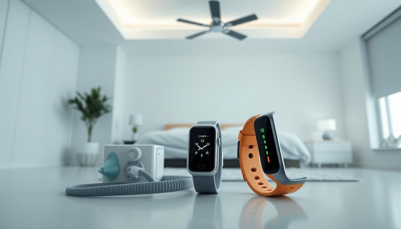 A sleek, modern-looking room with clean lines and minimalist decor. In the center, a close-up comparison of two medical devices - a traditional CPAP machine and a futuristic-looking wearable sleep tracker. The CPAP is shown with its iconic mask and tubing, while the wearable features a sleek, vibrant design. The lighting is soft and diffused, creating a calming, clinical atmosphere. The angle showcases the devices' forms and features, inviting the viewer to visually compare and contrast the two snore tech solutions. The overall composition is well-balanced, guiding the eye towards the central comparison.