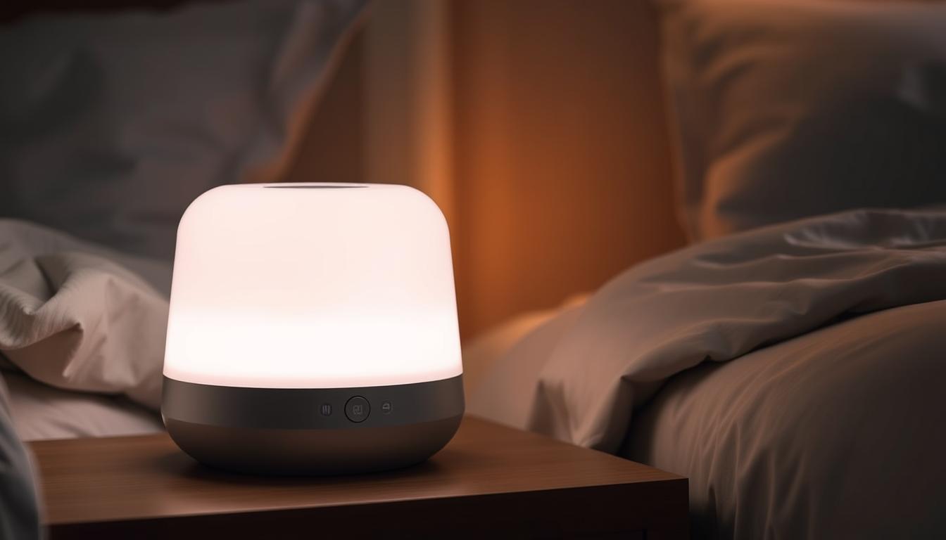 A sleek, modern white noise machine sits prominently on a bedside table, its soft glow illuminating the serene, dimly lit bedroom. The machine's streamlined design and subtle controls evoke a sense of calming functionality, hinting at its purpose of providing soothing ambient sounds to help mask disruptive snoring. The room's muted color palette and soft lighting create a tranquil atmosphere, fostering an environment conducive to restful sleep for both partners. The vibrant, tactile textures of the machine's surface and the surrounding fabrics add depth and visual interest, while the overall composition suggests a practical yet elegant solution to a common relationship challenge.