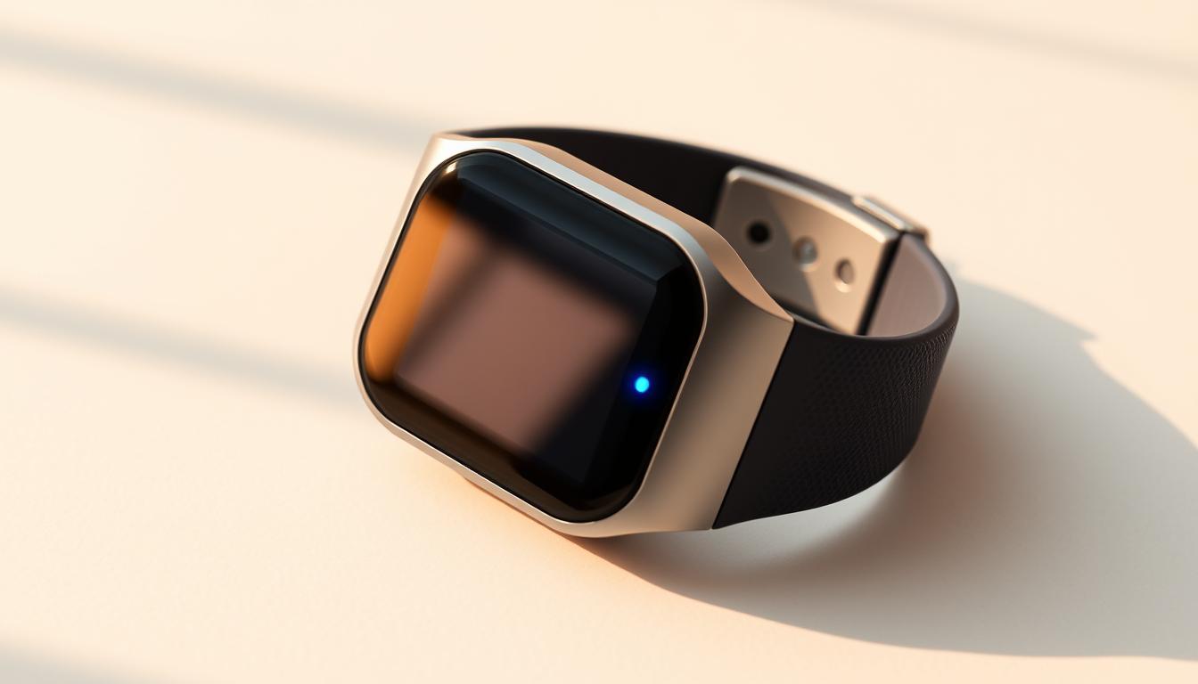 A sleek, modern wrist device rests on a minimalist background. The device features a minimalist design with a curved glass face, discreet sensors, and a soft, breathable band. Vibrant blue and green LED indicators glow softly, signaling the device's active sleep monitoring. The lighting is warm and natural, casting a gentle shadow across the device. The angle is slightly elevated, highlighting the device's clean lines and modern aesthetic. This smart wearable represents the new era of sleep technology, empowering users to take control of their sleep health without intrusive CPAP machines.