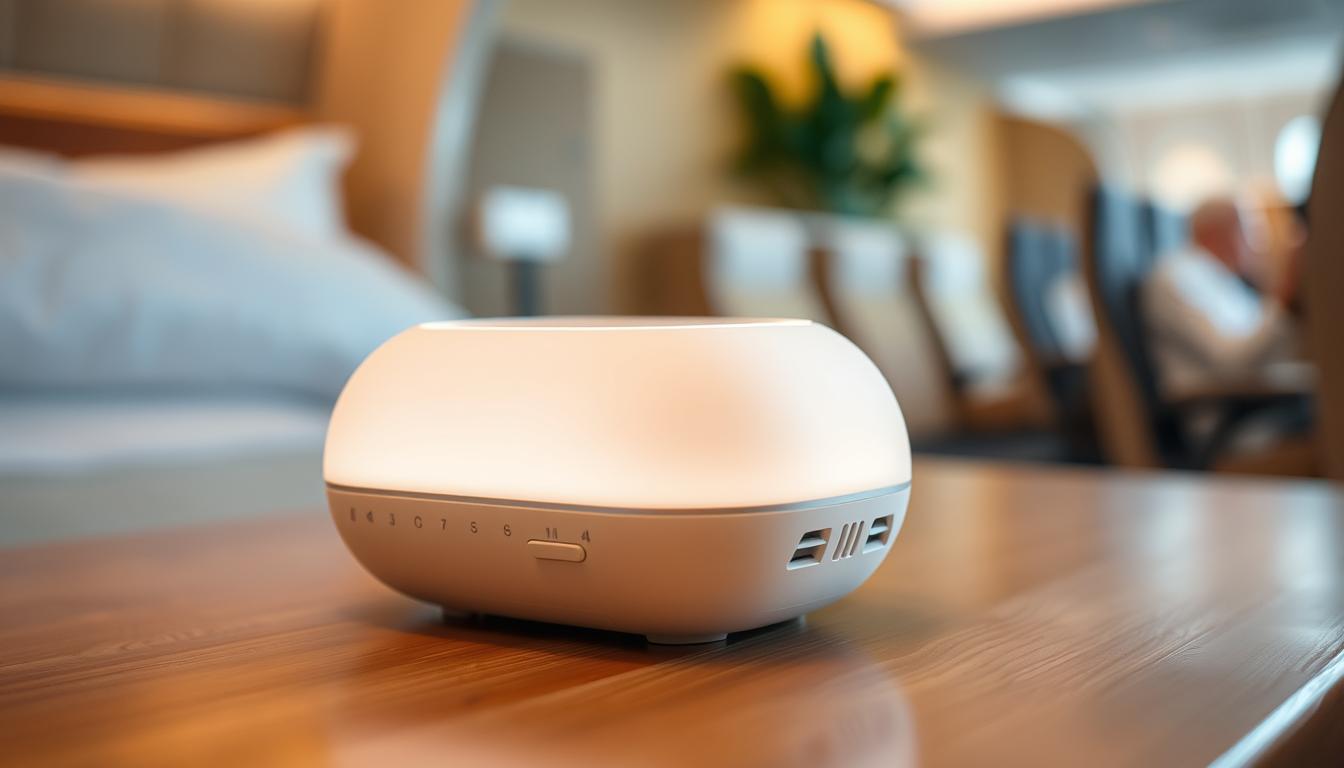 A sleek, portable white noise machine rests on a wooden surface, its minimalist design complementing the vibrant, well-lit environment. The device's clean lines and soft glow emit a sense of tranquility, ready to create a soothing soundscape for weary travelers. Carefully positioned in the foreground, the machine's tactile controls and discreet vents suggest its ease of use, while the blurred background hints at the bustling hotel room or airplane cabin it aims to transform into a peaceful oasis.