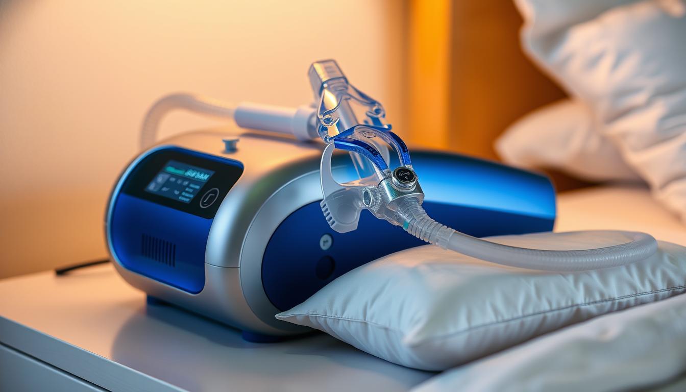 A sleek, state-of-the-art CPAP machine rests on a nightstand, its vibrant blue and silver design subtly illuminated by a warm, ambient light. The machine's smooth, contoured shape and discreet display evoke a sense of modern medical technology seamlessly integrated into the bedroom environment. A flexible, transparent hose snakes out from the machine, leading to a comfortable nasal mask resting gently on a plump, restful pillow. The entire scene conveys a sense of effortless functionality, promising a restful, rejuvenating night's sleep for the individual suffering from chronic snoring and sleep apnea.