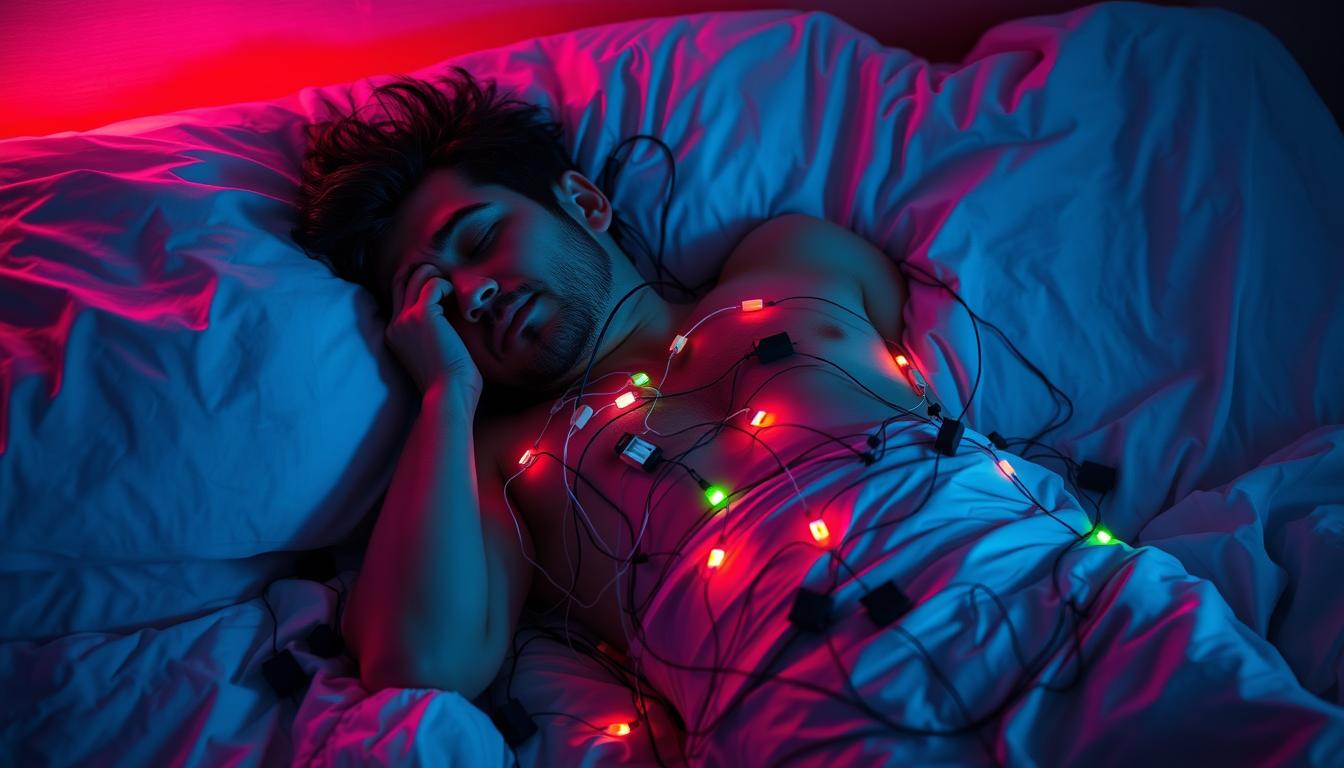 A sleep-deprived individual lies restlessly on a bed, tossing and turning. They are tangled in a mess of wires and sensors, representing the limitations of current wearable sleep technology. The scene is bathed in a vibrant, unsettling glow, evoking the frustration and discomfort of ineffective sleep monitoring devices. The background is blurred, drawing the viewer's attention to the central figure and the cumbersome nature of the wearable tech. The lighting is harsh and unnatural, further emphasizing the disconnect between the promise of "smart" sleep solutions and the reality of their intrusive and uncomfortable implementation.