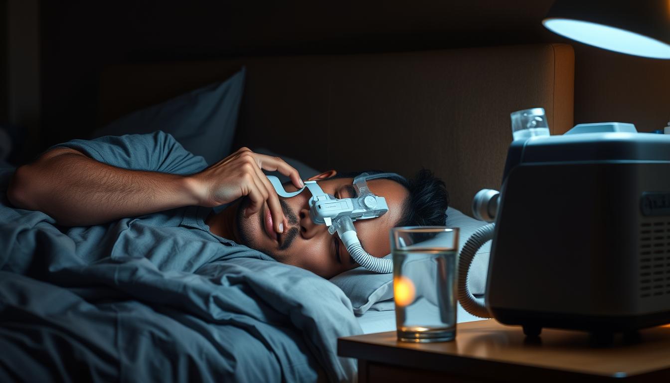 A sleep-deprived individual lying on their side, facing a bedside table with a glass of water and a CPAP machine. The room is dimly lit, with soft, warm lighting casting a cozy glow. The person's expression conveys a sense of frustration and resignation as they adjust the CPAP mask, while the bedside table suggests the nightly routine adaptations required to manage their sleep apnea. The vibrant, detailed scene captures the user experience of navigating the challenges of sleep apnea treatment.