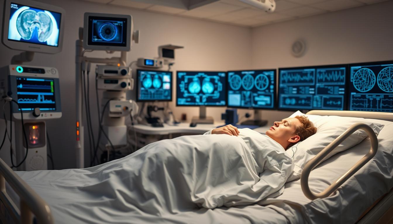 A sleep study laboratory with state-of-the-art medical equipment. In the vibrant foreground, an adjustable hospital bed with sensors and electrodes, monitoring a sleeping patient. On the middle-ground, a high-resolution video camera capturing facial movements, and a sophisticated respiratory monitoring system. In the dimly lit background, a bank of computer screens displaying real-time data and analysis, illuminated by the soft glow of diagnostic software. The scene conveys a sense of scientific precision and medical vigilance, essential for accurately diagnosing sleep-related disorders.