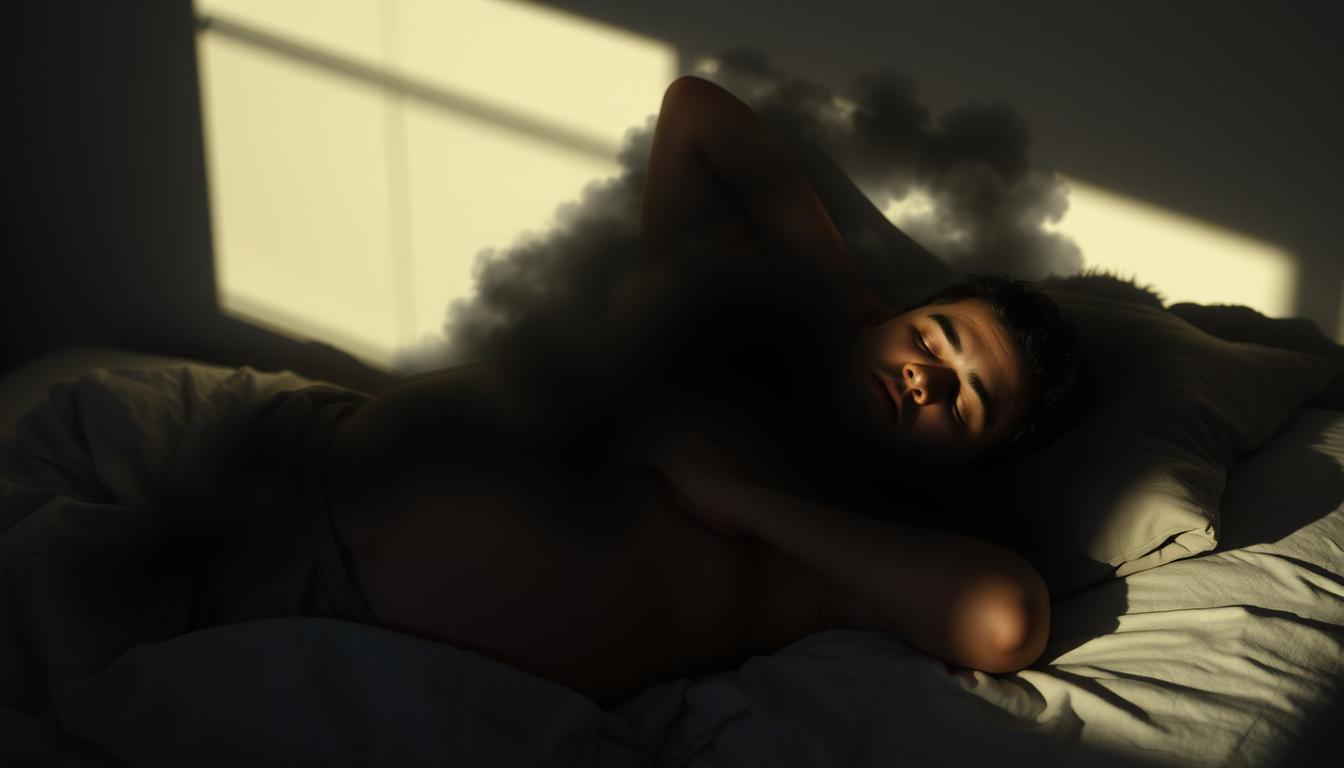 A sleeping figure, partially obscured by a shadowy, amorphous cloud of weight and pressure. The cloud hovers over the figure, its tendrils wrapping around the torso, neck, and head, suggesting a tangible link between the person's weight and their restless, snoring slumber. Soft, muted lighting casts long shadows, creating a somber, introspective atmosphere. The scene conveys the weight of excess pounds and their impact on the quality of sleep, hinting at the vibrant, restful sleep that could be achieved through weight management.