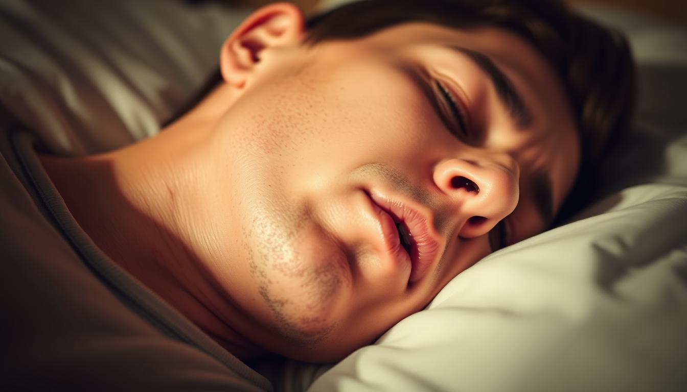 A sleeping person's head and upper body, captured in a close-up view. The head is turned to the side, revealing an open mouth and visible airway obstruction, causing distressed snoring. The lighting is soft and warm, creating a dreamy, almost clinical atmosphere. The image is sharply focused on the facial features, with a slight blur in the background, emphasizing the subject. The overall mood is one of concern and the need for medical attention, hinting at the hidden health issues associated with snoring.