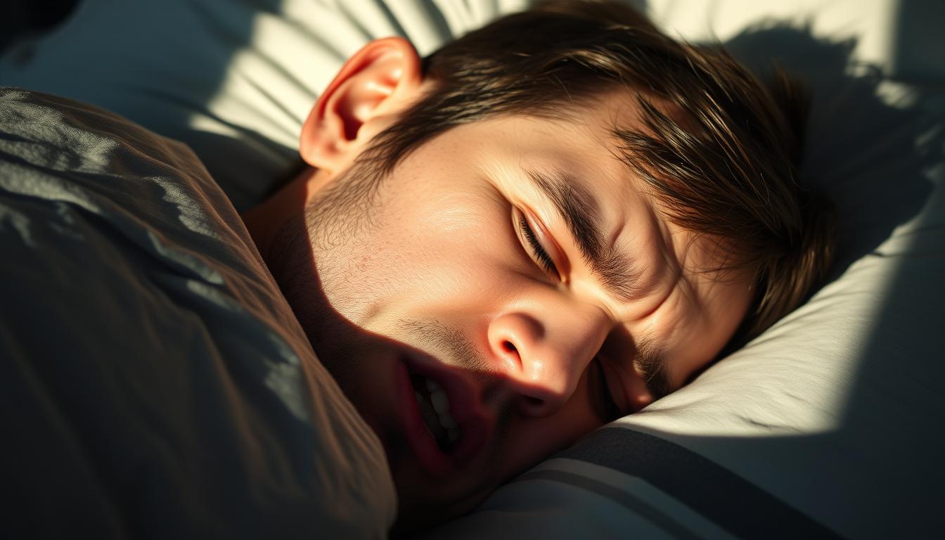 A sleeping person's head and upper body, shot from the side with a medium-length lens. Their face is visible, showing signs of sleep apnea such as an open mouth, restless expression, and furrowed brow. The lighting is vibrant, natural, and diffused, creating soft shadows and highlights that accentuate the facial features. The background is blurred, keeping the focus on the sleeper's head and upper torso. The overall mood is one of distress and discomfort, conveying the struggles of sleep apnea.