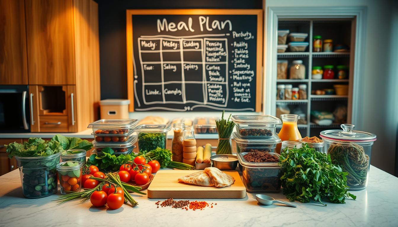 A spacious kitchen counter, bathed in warm, vibrant lighting. Neatly arranged on the surface are various meal prep containers, a cutting board, and an assortment of fresh ingredients - leafy greens, juicy tomatoes, lean protein, and colorful spices. In the background, a chalkboard wall displays a weekly meal plan, while a sturdy pantry showcases bulk-bought staples. The scene conveys a sense of organized efficiency, where strategic planning and bulk purchasing come together to create nutritious, budget-friendly meals.