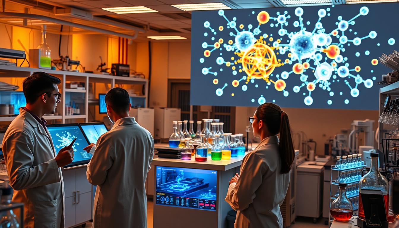 A state-of-the-art biomedical research laboratory, filled with an array of high-tech equipment and instruments. In the foreground, a group of scientists in pristine white lab coats intently studying molecular models and data visualizations on sleek touchscreen displays. The middle ground showcases a vibrant array of chemical glassware, bubbling with colorful, active liquids. In the background, a massive holographic projection system displays complex molecular structures, pulsing with life and energy. Warm, focused lighting illuminates the scene, creating a sense of scientific discovery and innovation. The overall atmosphere is one of intense, vibrant exploration at the cutting edge of bioactive compounds research.