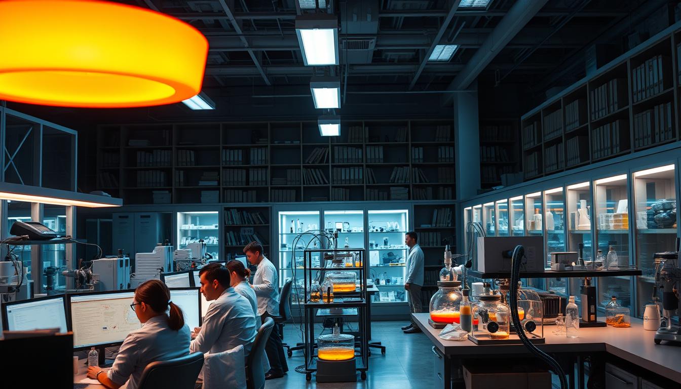 A state-of-the-art scientific laboratory, dimly lit with a vibrant orange glow from overhead lamps, bustling with activity. In the foreground, a team of researchers intently studying data on computer screens, surrounded by an array of advanced equipment and instruments. The middle ground features glass-enclosed workstations, filled with bubbling liquids and intricate scientific apparatus. In the background, towering bookshelves and filing cabinets suggest a wealth of scholarly knowledge. The atmosphere is one of focused intensity, as the researchers delve deep into the secrets of metabolic health and the potential of forskolin to unlock new frontiers of fat loss and energy.
