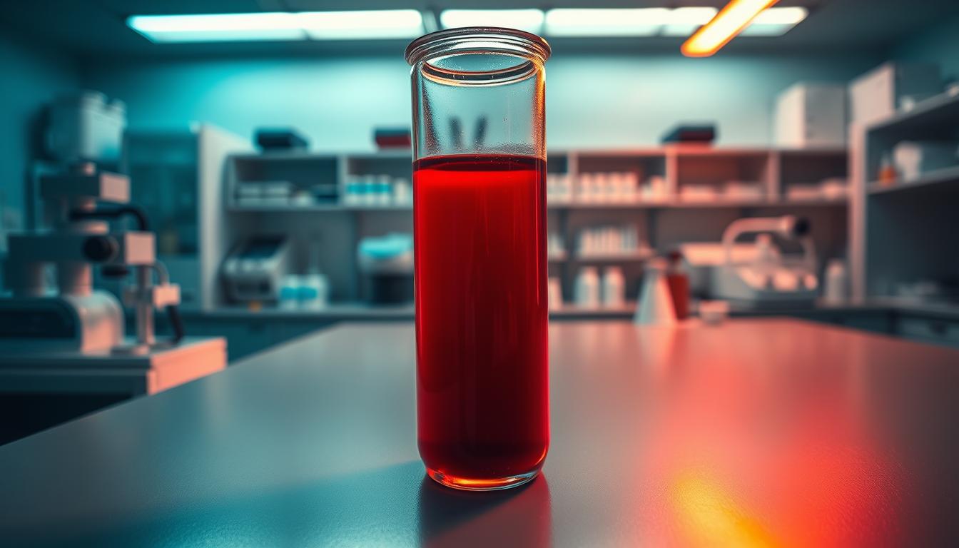 A sterile lab environment, dimly lit with warm overhead lighting casting a soft glow. In the foreground, a glass vial holds a thick, viscous red liquid - a blood sample undergoing analysis. The vial's surface reflects the clinical equipment surrounding it, creating a sense of depth and precision. The middle ground features a sleek, modern lab bench, its surface immaculate and free of clutter, supporting various diagnostic tools and instruments. In the background, a sense of scientific authority, with shelves of neatly organized medical supplies and a subtle, vibrant color palette hinting at the complexity of the testing process.