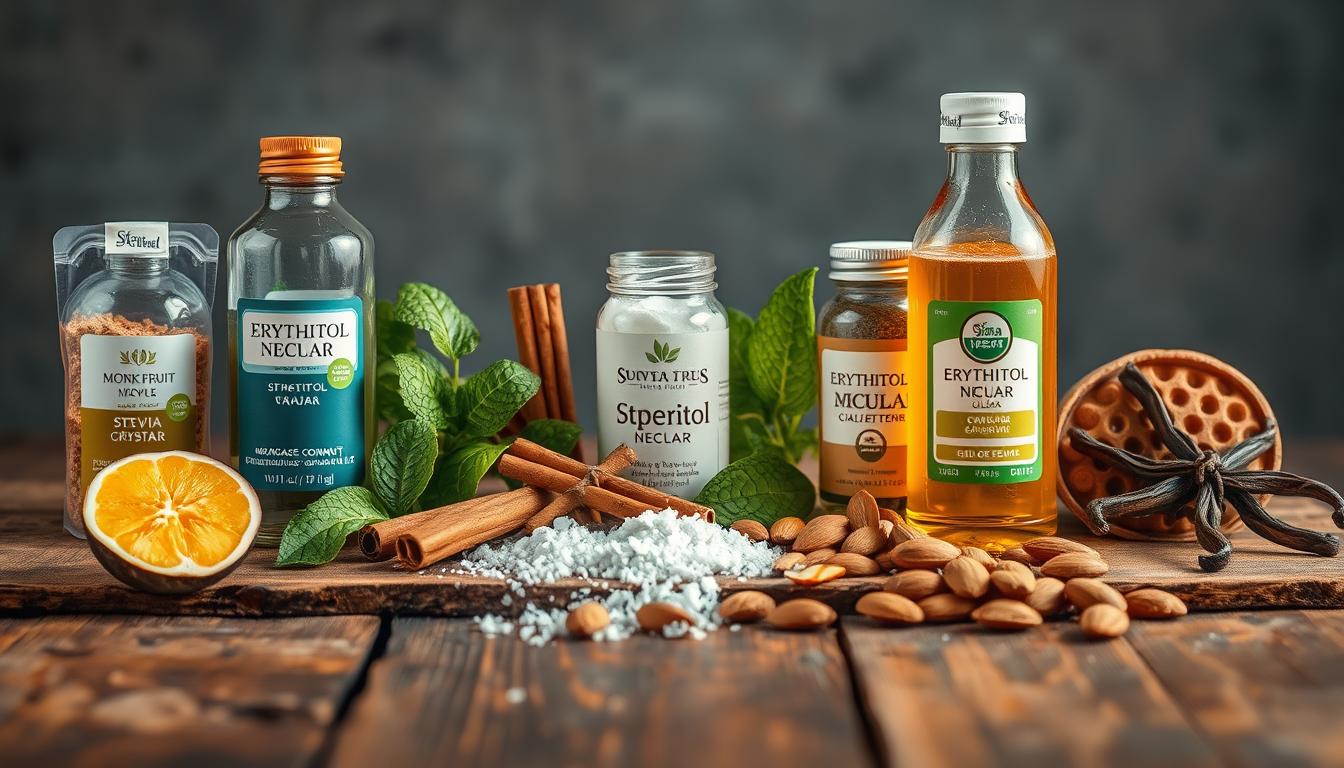 A still life arrangement showcasing an assortment of natural keto-friendly sweeteners. In the foreground, a variety of sweeteners such as monk fruit, stevia leaves, erythritol crystals, and liquid coconut nectar are neatly displayed on a rustic wooden surface, illuminated by warm, directional lighting that accentuates their vibrant colors and textures. In the middle ground, additional keto-approved ingredients like cinnamon sticks, vanilla beans, and sliced almonds create a visually appealing and cohesive composition. The background is softly blurred, allowing the focus to remain on the central sweeteners and their natural, minimalist aesthetic, conveying a sense of purity and healthfulness.