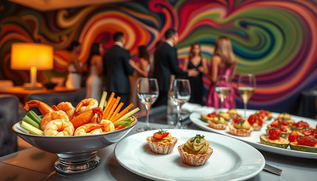 A stylish dinner party setting with a low-carb twist. In the foreground, a well-appointed table with an array of tempting appetizers - juicy shrimp cocktail, crisp veggie sticks, and creamy avocado bites. Guests mingle in the middle ground, engaged in lively conversation, their outfits reflecting an elegant yet relaxed vibe. The background is awash in vibrant swirling colors, creating a sense of energy and social connection. Soft, warm lighting casts a cozy glow, and the overall atmosphere exudes a feeling of effortless sophistication - a gathering of health-conscious individuals savoring the pleasures of good company and delicious, low-carb indulgences.
