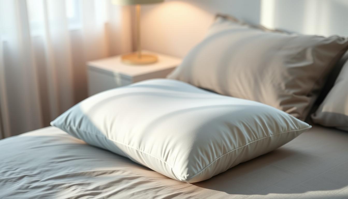A stylish, minimalist anti-snore pillow rests on a tranquil bedside table, its sleek design highlighted by soft, natural lighting. The pillow's surface features a subtle, vibrant pattern that adds visual interest. Carefully positioned to capture its innovative features, the image showcases the pillow's ability to gently adjust the user's head and neck position, promoting uninterrupted, restful sleep. The overall scene exudes a sense of calm and relaxation, conveying the pillow's effectiveness in combating snoring and improving sleep quality.