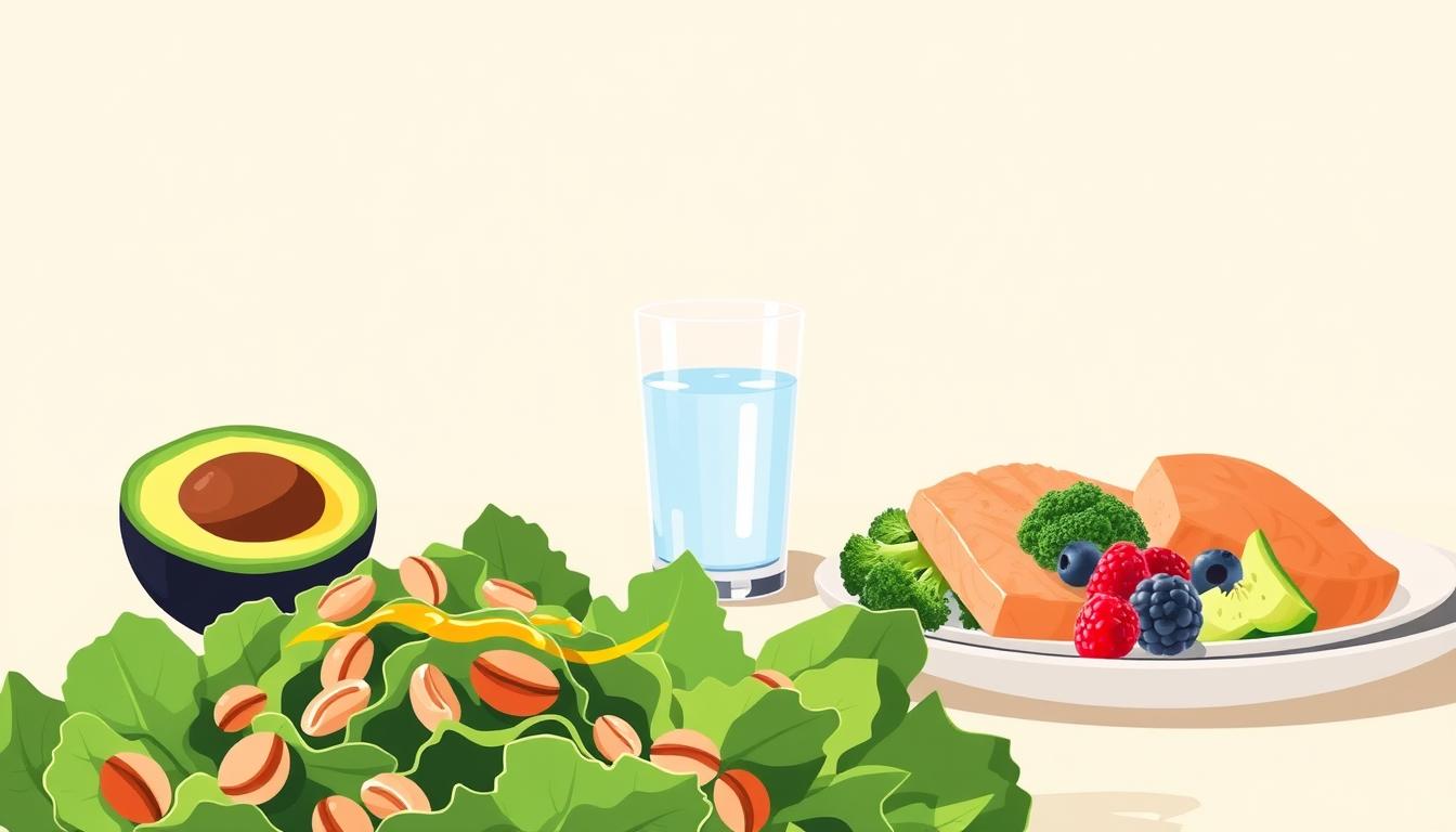 A stylish, minimalist illustration of the core elements of the ketogenic diet. In the foreground, a vibrant green salad with avocado, nuts, and a drizzle of olive oil. In the middle ground, a glass of water and a plate showcasing keto-friendly foods like salmon, broccoli, and berries. The background features a clean, neutral-toned space with a subtle texture, creating a sense of calm and focus. The lighting is soft and warm, casting a gentle glow over the scene. The overall mood is one of simplicity, balance, and a dedication to a healthy, low-carb lifestyle.