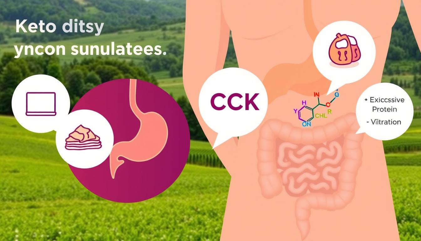A stylized digital illustration showcasing common mistakes made by keto dieters related to cholecystokinin (CCK) regulation. In the foreground, a person's torso is highlighted, with their stomach and digestive system prominently featured. Overlaid are icons and visual metaphors representing poor fat intake, excessive protein, and inadequate fiber - factors that can disrupt CCK signaling. The middle ground depicts a stylized, vibrant representation of the CCK hormone, with its chemical structure and pathways visualized. In the background, a lush, verdant landscape provides a natural, calming context, contrasting with the digestive system in the foreground. The overall mood is informative yet visually engaging, guiding the viewer through the key CCK-related mistakes encountered in keto dieting.