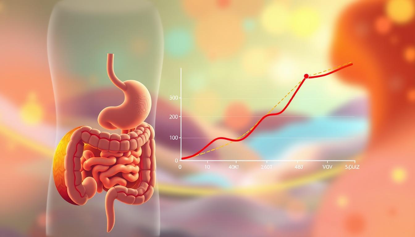 A stylized digital illustration showcasing the relationship between CCK levels and food satisfaction. In the foreground, a detailed cross-section of the digestive system highlights the production and release of CCK. The middle ground features a visually striking graph, with the x-axis depicting CCK levels and the y-axis representing food satisfaction. The background is a vibrant, abstract landscape, creating a sense of depth and complementing the technical elements. Warm lighting and a soft, dreamlike atmosphere lend an air of scientific wonder to the scene.