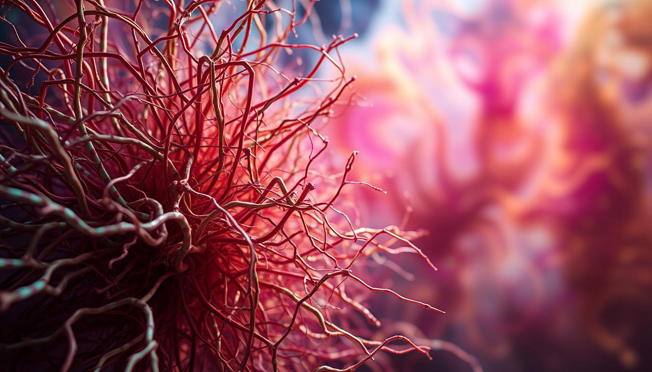 A swirling, vivid tapestry of sensory overload, a kaleidoscopic fusion of textures and colors. In the foreground, a tangled web of fascia, pulsing with an array of nerve endings, overwhelmed by stimuli. Intricate, translucent layers in the middle ground shift and distort, evoking a disorienting, unsettling atmosphere. The background blurs into a vibrant, hazy fog, amplifying the sense of disarray and sensory saturation. Dramatic, directional lighting casts dramatic shadows, heightening the intensity and visceral nature of the scene. An unsettling, yet captivating display of the challenges faced by those living with Ehlers-Danlos Syndrome and navigating the constant sensory overload.