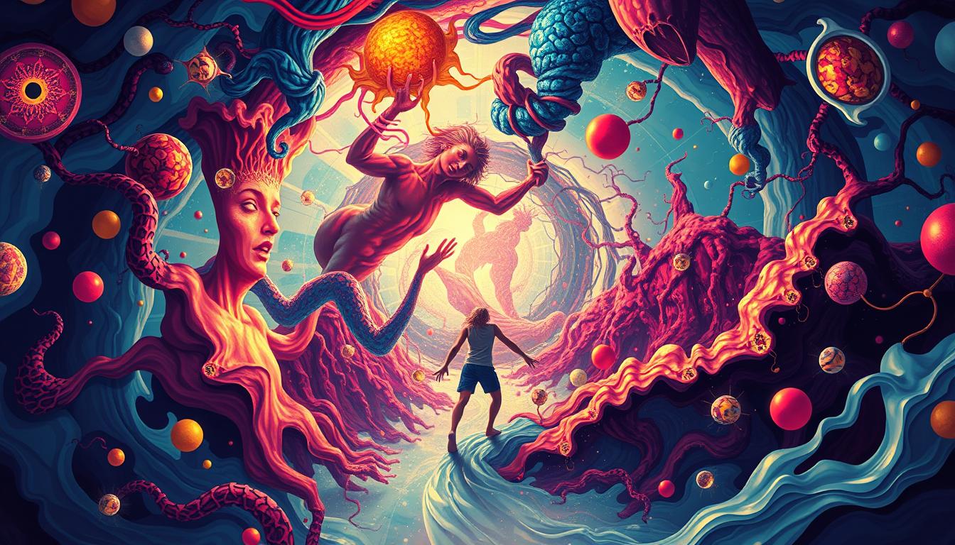 A swirling vortex of emotional turmoil and physiological imbalance, visualized in a captivating digital illustration. In the foreground, a figure writhes amidst a kaleidoscope of vibrant, pulsating shapes, representing the cycle of hormonal fluctuations and intense food cravings. The middle ground features a visceral, organic landscape of hormones and neurotransmitters, their intricate dance creating a sense of inner turbulence. In the background, a dreamlike, surreal environment sets the tone, evoking the complex interplay between the mind, body, and emotions. Lighting is dramatic, with bold contrasts and a vibrant, saturated color palette that heightens the sense of emotional intensity. The overall composition conveys the profound impact of this hormonal imbalance and its influence on the subject's psychological and physiological state. A swirling vortex of emotional turmoil and physiological imbalance, visualized in a captivating digital illustration. In the foreground, a figure writhes amidst a kaleidoscope of vibrant, pulsating shapes, representing the cycle of hormonal fluctuations and intense food cravings. The middle ground features a visceral, organic landscape of hormones and neurotransmitters, their intricate dance creating a sense of inner turbulence. In the background, a dreamlike, surreal environment sets the tone, evoking the complex interplay between the mind, body, and emotions. Lighting is dramatic, with bold contrasts and a vibrant, saturated color palette that heightens the sense of emotional intensity. The overall composition conveys the profound impact of this hormonal imbalance and its influence on the subject's psychological and physiological state.