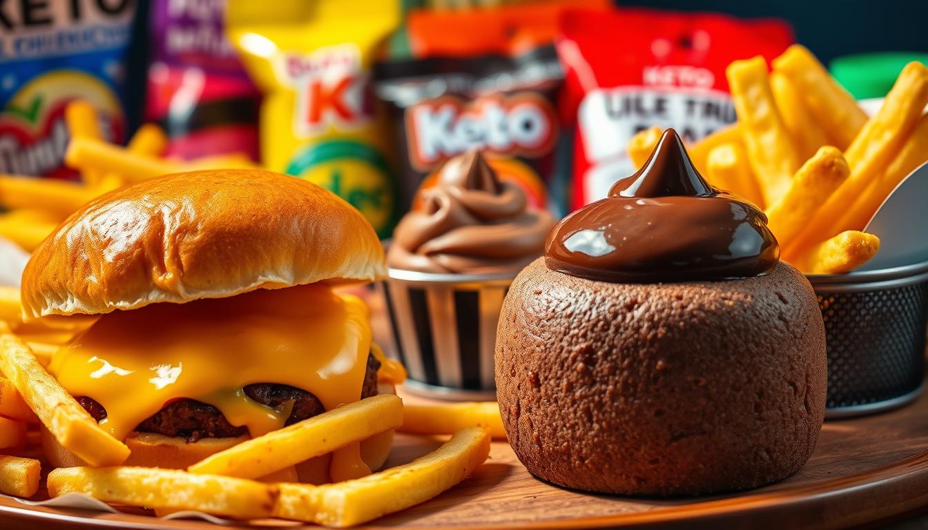 A tempting spread of decadent "dirty keto" delights, bathed in warm, vibrant lighting. In the foreground, a juicy cheeseburger nestled between fluffy keto buns, dripping with melted cheese. Alongside, crispy, golden-brown keto fries seasoned to perfection. In the middle ground, a rich and creamy keto chocolate mousse, topped with a shiny chocolate glaze. In the background, a selection of keto-friendly candies and snacks, their vibrant colors and enticing textures beckoning the viewer. The scene exudes an atmosphere of indulgence and guilty pleasure, highlighting the allure and potential trade-offs of the "dirty keto" approach.
