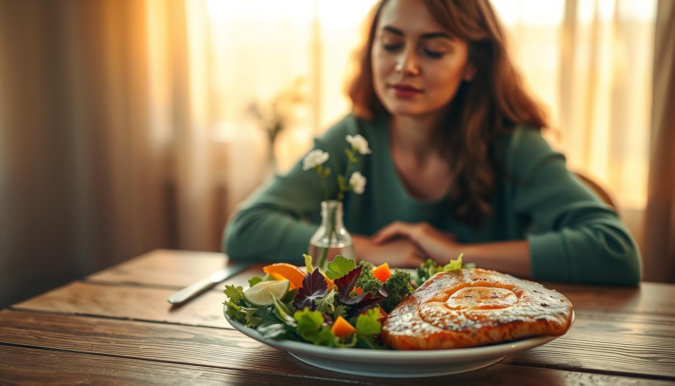A tranquil scene of a person thoughtfully savoring a healthy meal. In the foreground, a wooden table is set with a plate of colorful, nutrient-rich foods - fresh greens, vibrant vegetables, and a protein-rich dish. The diner, bathed in warm, natural lighting, sits with eyes closed, deeply focused on the flavors and textures, fully present in the moment. In the middle ground, a simple vase of flowers adds a touch of serenity. The background is blurred, creating a sense of calm and introspection. The overall mood is one of mindfulness, with a focus on the connection between the mind, body, and the nourishing power of a carefully crafted, vibrant meal.