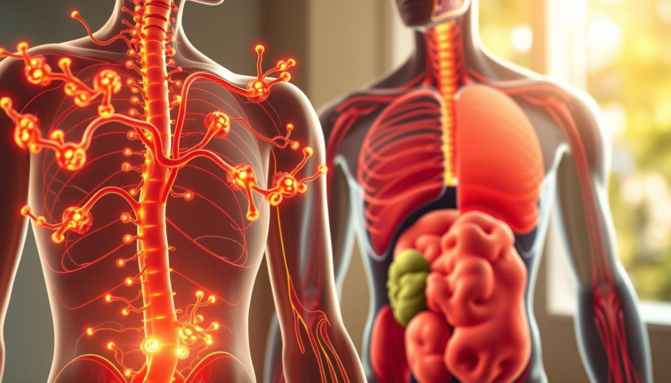 A vibrant anatomical diagram showcasing the intricate balance of hormones and their impact on body composition. In the foreground, a detailed rendering of the human endocrine system, with glands and hormones glowing with a warm, lifelike energy. In the middle ground, a cross-section of the torso reveals the interaction between hormones, muscle tissue, and fat distribution. The background bathes the scene in a soft, natural light, highlighting the harmonious relationship between these physiological processes. The overall impression is one of scientific precision and organic vitality, inviting the viewer to understand the nuanced mechanisms behind hormonal balance and its influence on the body.