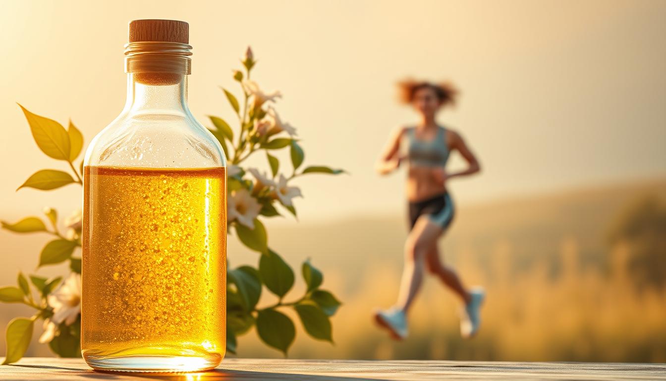 A vibrant and captivating image of the weight loss and energy benefits of forskolin. In the foreground, a glowing, transparent bottle filled with a golden, effervescent liquid, symbolizing the potent active ingredients. Behind it, a cluster of lush, green leaves and delicate flowers, representing the natural botanical source. The middle ground showcases a fit, energetic person in motion, exuding vitality and a renewed sense of well-being. The background is a soft, ethereal landscape, bathed in warm, golden light, creating an atmosphere of rejuvenation and transformation. The overall composition conveys the holistic benefits of forskolin for weight management and increased energy levels.
