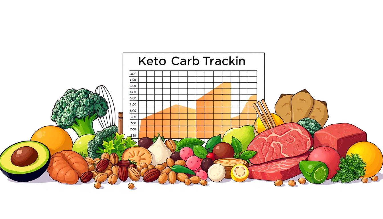 A vibrant and detailed illustration of "keto carb tracking" showcasing various food items and a graph or chart against a clean, minimalist background. The foreground features an array of low-carb, keto-friendly ingredients such as avocado, broccoli, nuts, and meat, neatly arranged to emphasize their role in a successful keto diet. The middle ground displays a prominently positioned, easy-to-read chart or graph that tracks the carbohydrate content of these foods, providing a clear visual representation of their impact on a keto lifestyle. The background maintains a sleek, uncluttered aesthetic, with soft lighting and a sense of balance, guiding the viewer's attention to the key elements of keto carb monitoring.