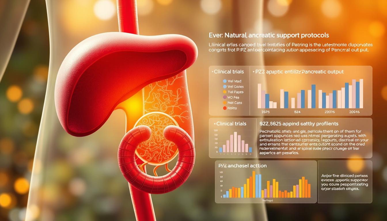 A vibrant and detailed medical illustration depicting the clinical evidence supporting natural pancreatic support protocols. In the foreground, a cross-section of the human pancreas showcases its intricate anatomy, with key areas highlighted to signify the mechanisms of action. The middle ground features a series of scientific charts and graphs presenting data from clinical trials, demonstrating the efficacy of PZ-based approaches in optimizing pancreatic output. The background depicts a serene, natural environment, underscoring the holistic, evidence-based nature of the treatment. Warm lighting casts a soft glow, creating a sense of reassurance and therapeutic potential. Captured with a high-resolution medical illustration style, the image conveys the scientific rigor and natural restorative qualities of the pancreatic support protocols.