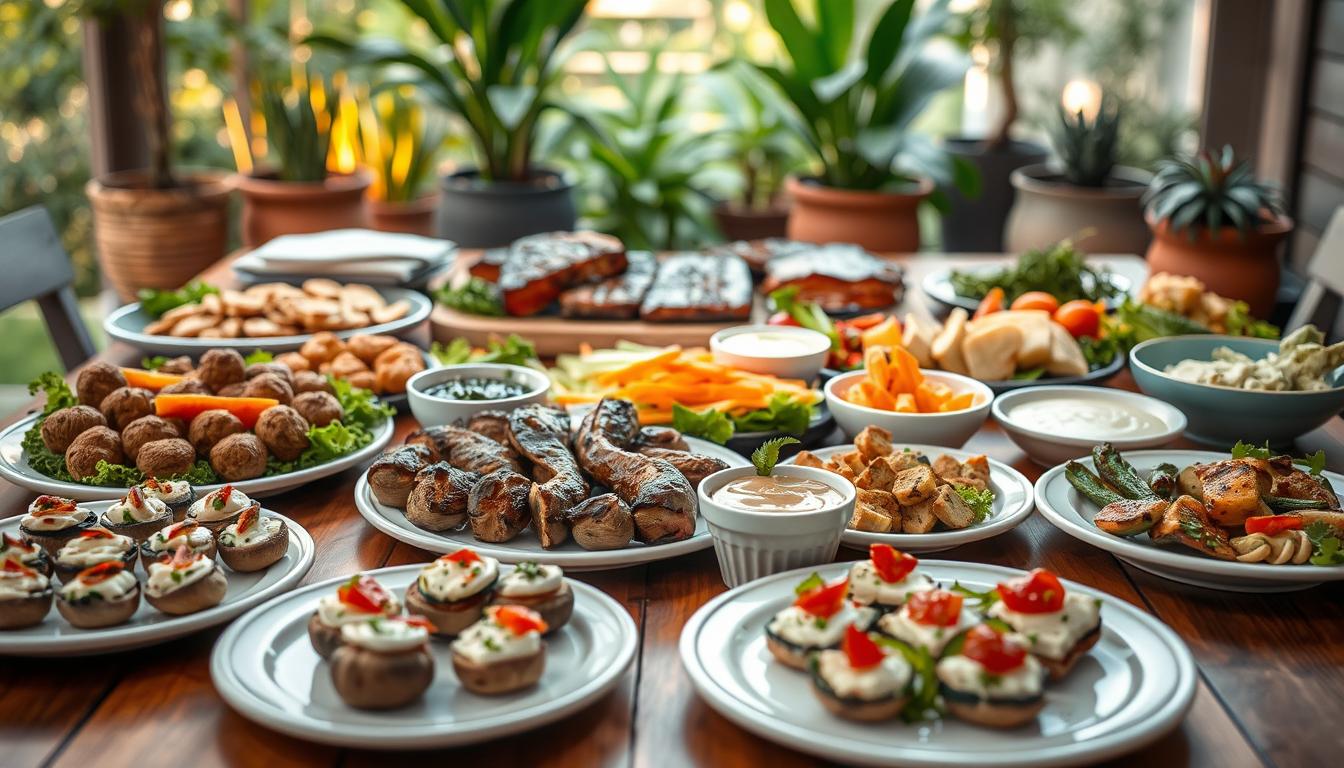 A vibrant and visually appealing spread of low-carb party dishes, elegantly arranged on a wooden table. In the foreground, a selection of keto-friendly appetizers, such as stuffed mushrooms, zucchini bites, and cheese platters, are strategically placed. The middle ground features a striking centerpiece of grilled or roasted meats, accompanied by fresh vegetable sides and low-carb dips. In the background, a lush, natural setting with potted plants and subtle lighting creates a warm, inviting atmosphere. The overall scene conveys a sense of indulgence and celebration, showcasing the delicious and satisfying options available for a low-carb party.