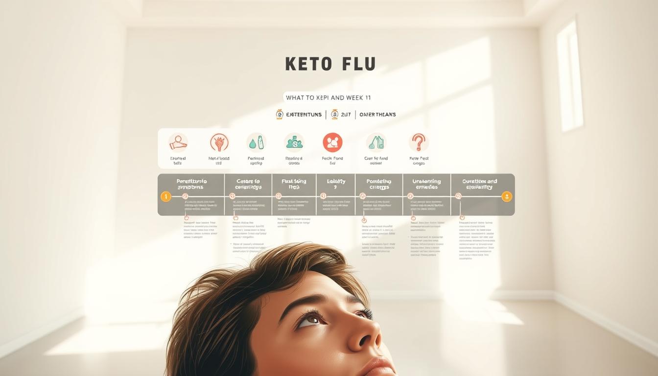 A vibrant and visually compelling illustration depicting the "Keto Flu Symptoms and Fixes: What to Expect Week 1" section of the article. In the foreground, a person's face gazes thoughtfully, their expression conveying both the challenges and the determination of the first week on the keto diet. In the middle ground, a timeline of physical and mental changes unfolds, with icons and visualizations representing common keto flu symptoms and potential remedies. The background showcases a minimalist, clean-lined environment, bathed in soft, natural lighting that enhances the sense of introspection and wellness. The overall composition strikes a balance between the informative and the aspirational, inviting the viewer to empathize with the keto transition experience.