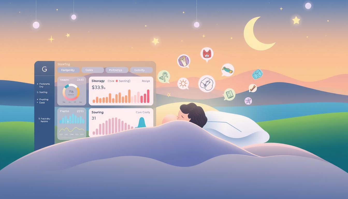 A vibrant and visually engaging "snoring solutions tracking plan" illustration. In the foreground, a sleek, minimalist dashboard displays various metrics and tracking data related to snoring patterns and solutions. The middle ground features a person sleeping peacefully, surrounded by calming, pastel-hued icons and symbols representing different anti-snoring techniques. The background showcases a serene, dreamlike landscape with soft, diffused lighting, creating a sense of tranquility and restfulness. The overall composition conveys a cohesive and informative visual narrative, inspiring the viewer to implement an effective plan to address their snoring challenges.
