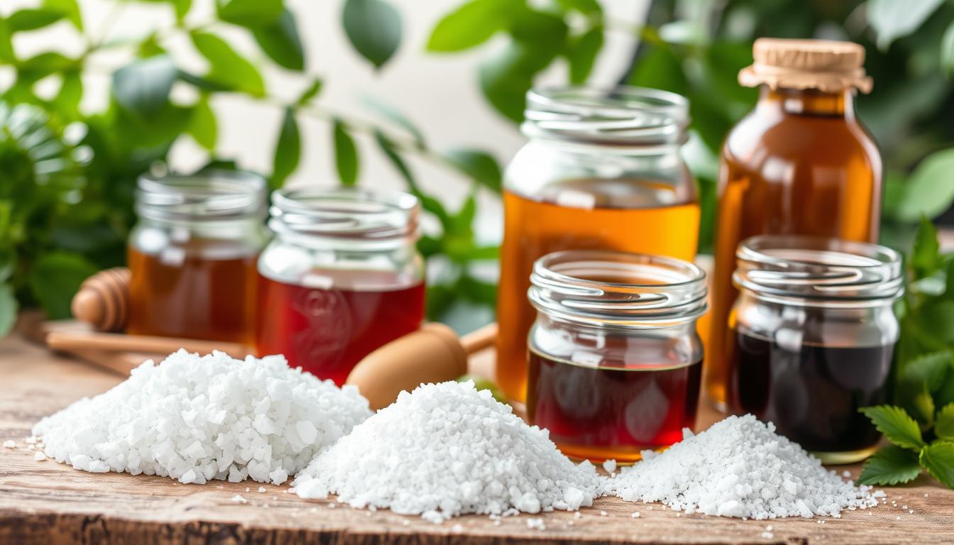A vibrant arrangement of natural and sugar alcohol sweeteners. In the foreground, a selection of white crystals - erythritol, xylitol, and monk fruit extract - neatly displayed on a rustic wooden surface. In the middle ground, an assortment of honey, maple syrup, and molasses in glass jars, their rich colors contrasting against the light. In the background, lush green leaves and foliage, hinting at the botanical origins of these sweeteners. Crisp, even lighting illuminates the scene, showcasing the textures and nuances of each ingredient. The overall impression is one of health, vitality, and the bounty of nature.