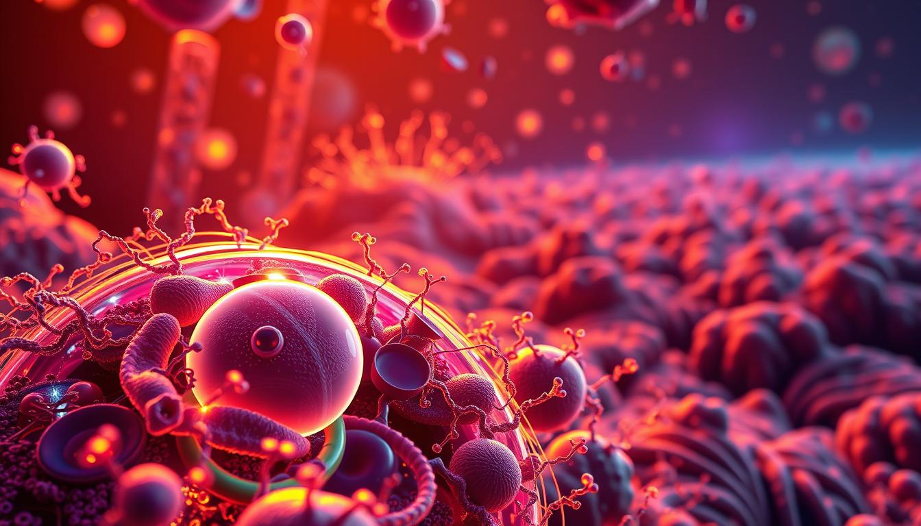 A vibrant cellular landscape showcasing the intricate mechanisms of protein expression. In the foreground, a detailed depiction of a eukaryotic cell, its organelles and protein-folding machinery illuminated by warm, diffuse lighting. The middle ground features a network of signaling pathways, with molecular interactions and transport processes visually represented. In the background, a panoramic view of the cellular environment, highlighting the dynamic and interconnected nature of these fundamental biological mechanisms. The overall composition conveys a sense of scientific elegance and the beauty inherent in the study of cellular function. A vibrant cellular landscape showcasing the intricate mechanisms of protein expression. In the foreground, a detailed depiction of a eukaryotic cell, its organelles and protein-folding machinery illuminated by warm, diffuse lighting. The middle ground features a network of signaling pathways, with molecular interactions and transport processes visually represented. In the background, a panoramic view of the cellular environment, highlighting the dynamic and interconnected nature of these fundamental biological mechanisms. The overall composition conveys a sense of scientific elegance and the beauty inherent in the study of cellular function.