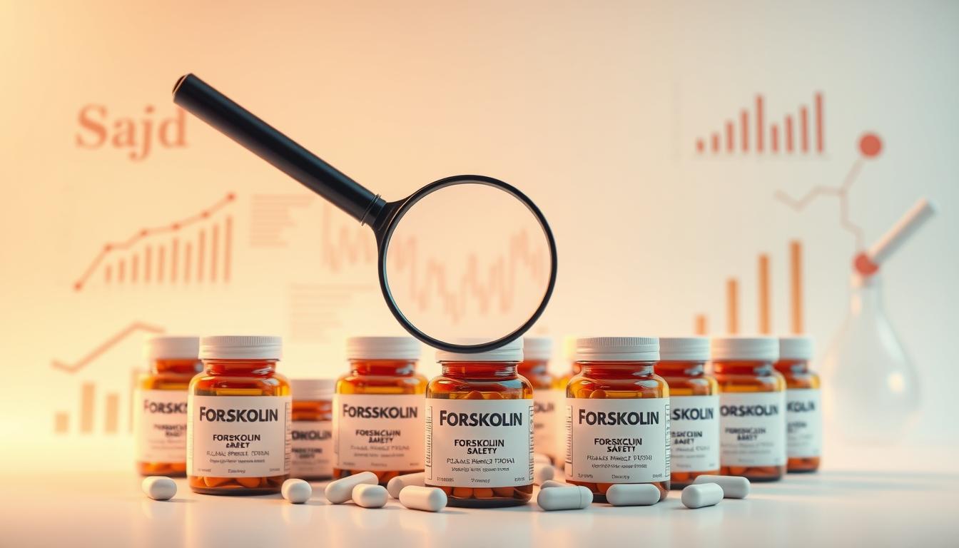 A vibrant, close-up illustration showcasing the safety and dosage information of forskolin. The foreground displays an array of forskolin supplements, neatly arranged against a clean, white backdrop. The middle ground features a magnifying glass hovering over the supplements, emphasizing the need for careful examination. The background subtly incorporates research-inspired elements, such as charts, graphs, and scientific instruments, hinting at the extensive research findings on forskolin. Warm, directional lighting illuminates the scene, creating a sense of professionalism and authority. The overall composition conveys a balanced and informative visual representation of the safety, dosage, and research aspects of forskolin. A vibrant, close-up illustration showcasing the safety and dosage information of forskolin. The foreground displays an array of forskolin supplements, neatly arranged against a clean, white backdrop. The middle ground features a magnifying glass hovering over the supplements, emphasizing the need for careful examination. The background subtly incorporates research-inspired elements, such as charts, graphs, and scientific instruments, hinting at the extensive research findings on forskolin. Warm, directional lighting illuminates the scene, creating a sense of professionalism and authority. The overall composition conveys a balanced and informative visual representation of the safety, dosage, and research aspects of forskolin.