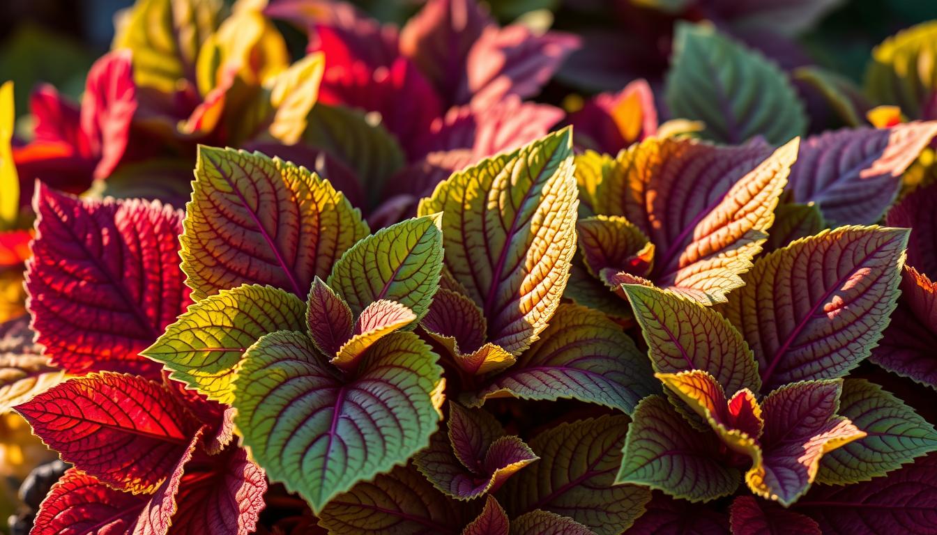 A vibrant close-up of Coleus forskohlii, a perennial herb with lush, multi-colored foliage. The leaves display a striking pattern of deep green, purple, and crimson hues, bathed in warm, natural lighting that brings out their intricate textures and veining. In the middle ground, several plump, healthy-looking Coleus plants sway gently, their stems sturdy and their leaves glossy. The background is slightly blurred, creating a sense of depth and focus on the central subject. The overall impression is one of vibrancy, vitality, and the potential health benefits this remarkable plant can offer.
