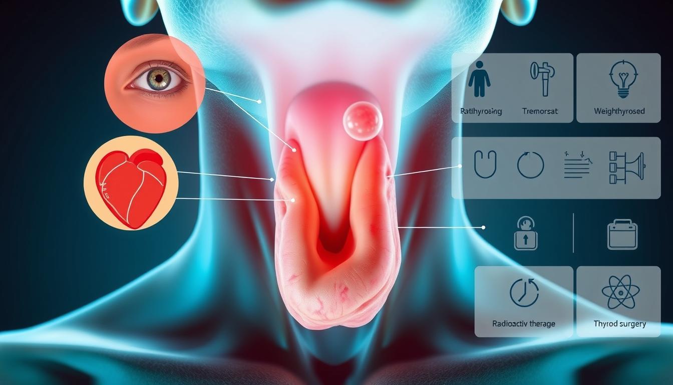 A vibrant close-up of a human thyroid gland, enlarged and inflamed, surrounded by a detailed anatomical visualization of the symptoms of hyperthyroidism - bulging eyes, rapid heartbeat, tremors, and weight loss. In the background, a clean and minimalistic rendering of common hyperthyroidism treatments, such as antithyroid medications, radioactive iodine therapy, and thyroid surgery, conveyed through simple icons and clean lines. The lighting is soft and diffused, creating a sense of scientific study and medical exploration, while the color palette is a harmonious blend of blues, greens, and subtle reds, reflecting the complex nature of this thyroid condition.