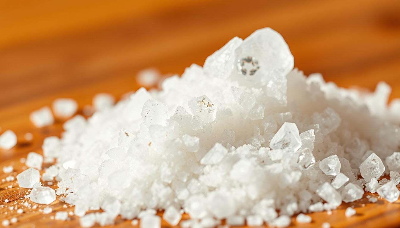 A vibrant close-up of an assortment of white crystalline sugar alcohols, including erythritol and xylitol, neatly arranged on a wooden surface. The crystals glisten under warm, directional lighting, casting soft shadows and highlights that accentuate their unique structures. The background is blurred, creating a sense of focus and emphasis on the primary subjects. The overall composition conveys the purity, versatility, and keto-friendly nature of these natural sweeteners.